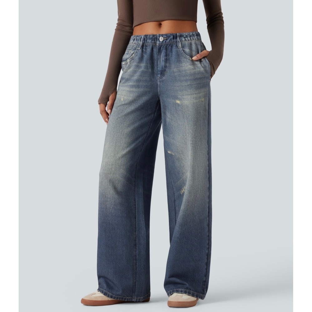 Halara XS Mid Rise Denim Print French Terry Wide Leg Sweatpants Jeans Blue NWT